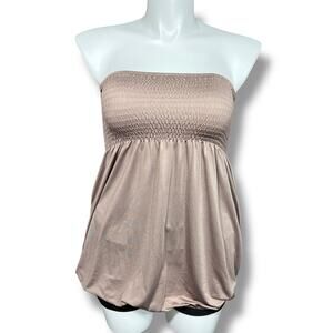 Boutique Womens Smocked Strapless Top Blouse Shirt Bubble Hem Y2K Tan Brown XL